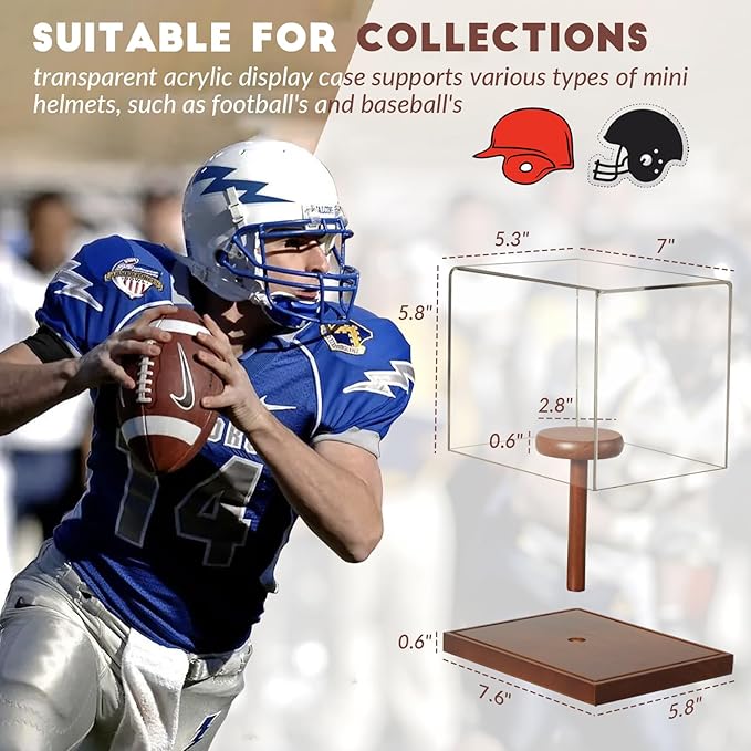 JupDec Mini Helmet Display Case, Acrylic Clear 1/2 Football Baseball Helmet Showcase, UV Protection Souvenirs and Collectibles Box with Solid Wood Base & Riser, Ideal Gift for Sports Enthusiast