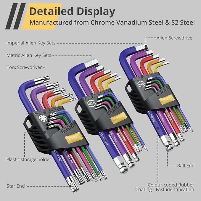 AMTOVL Hex Keys Set - Allen Key Set & Torx Key Set, Metric/Imperial 27PCS Allen Wrench Set Long Arm Ball Head Design with T-Handle Color Coding 1.5-10mm, T10-T50, 1/16-3/8