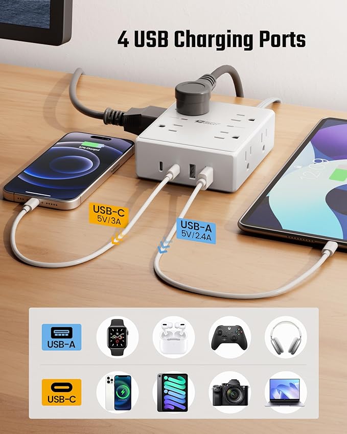 Flat Plug Surge Protector Power Strip, 6ft Ultra Thin Extension Cord with 4 USB (2 USB C Port), 8 Outlets Desk Charging Station, Wall Mountable Outlet Extender for Home Office, College Dorm Room