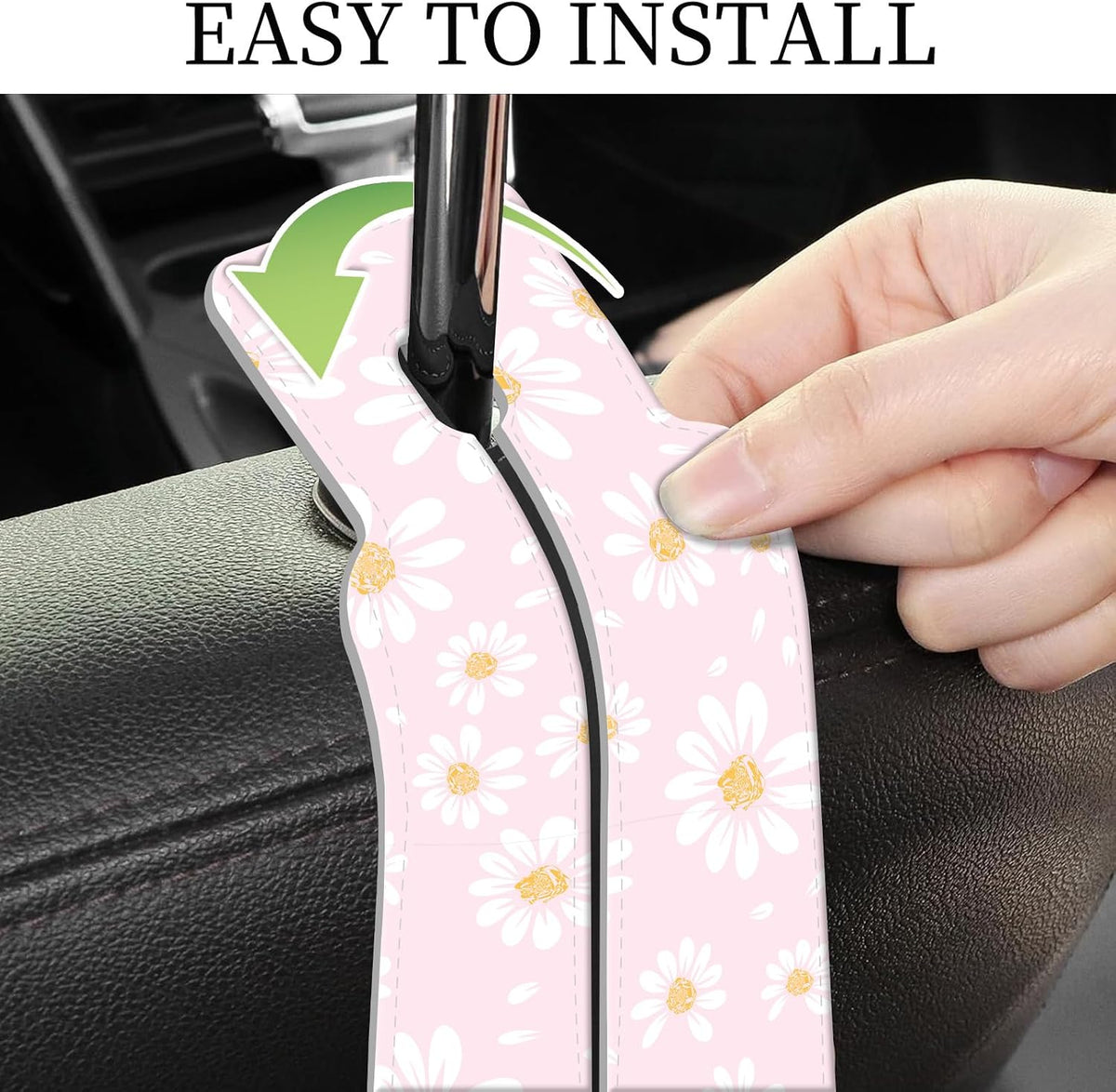 PU Leather Car Seat Hook, Storage Headrest Hanger, Cute Car Backseat Organizer, Car Hooks For Purses and Bags Cute Pink Daisy
