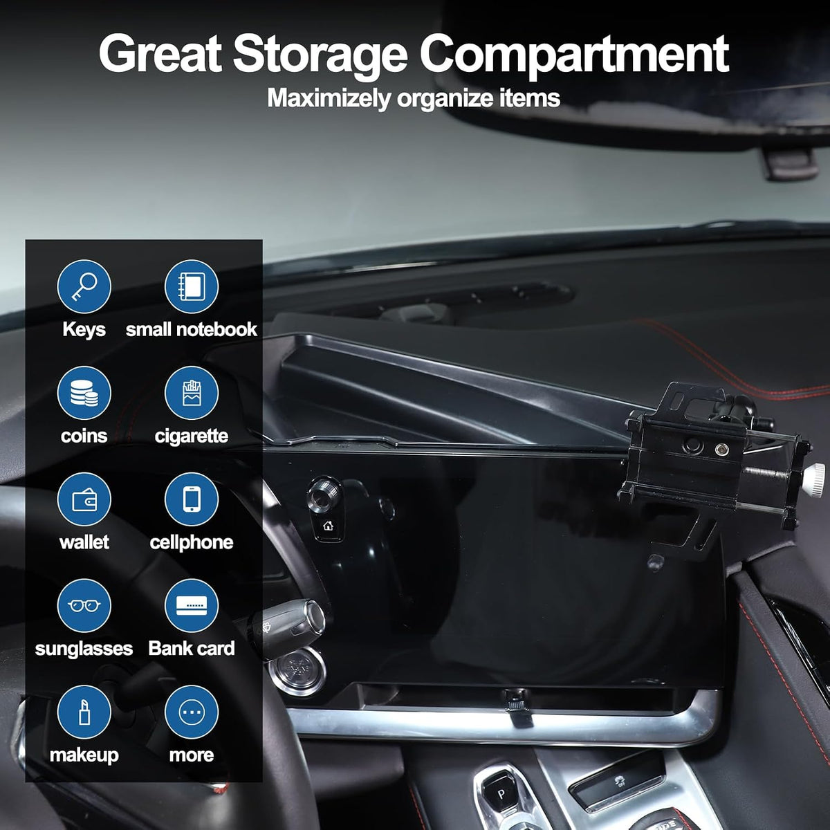 for Corvette C8 Center Console Tray Phone Holder Mount Organizer,360 Degree Rotatable Phone Holder Stand Navigation Screen Rear Storage Box Organizer Tray for Corvette C8 2020-2024 2025 (Style C)