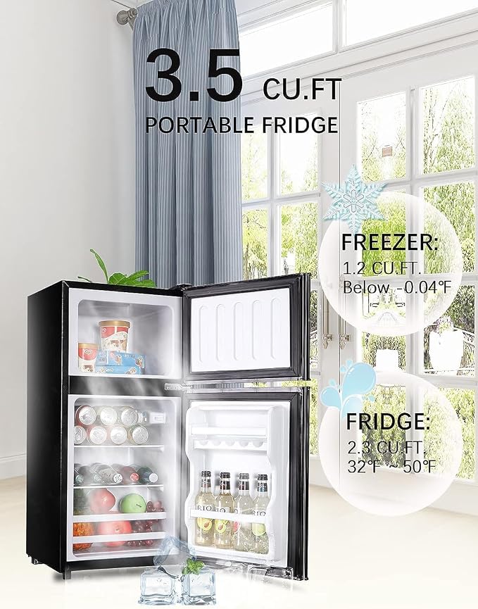 Refrigerator with Freezer 3.5 Cu.Ft Top-Freezer Compact Refrigerator Black | 7 Level Adjustable Thermostat Control, 2 Door ,Low noise,Low Power Consumption