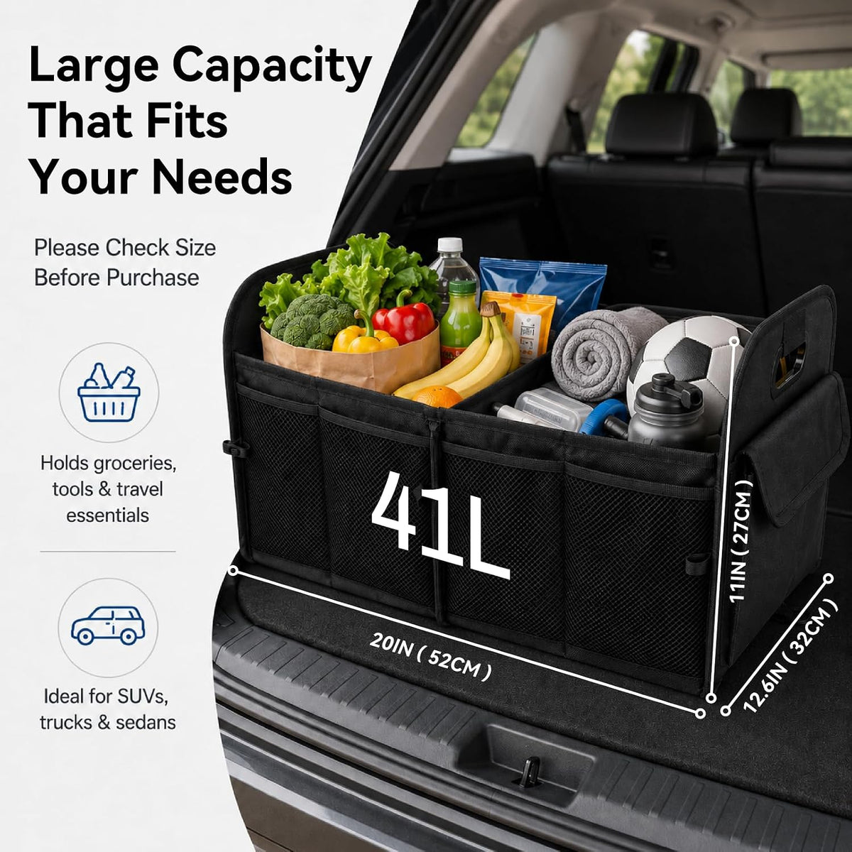 PAT SAM'S Trunk Organizer for SUV, Collapsible Car Trunk Organizer with Dividers, Waterproof 600D Oxford, Non-Slip Storage Organizer for Groceries, Tools, Travel, Truck & Car (Black)