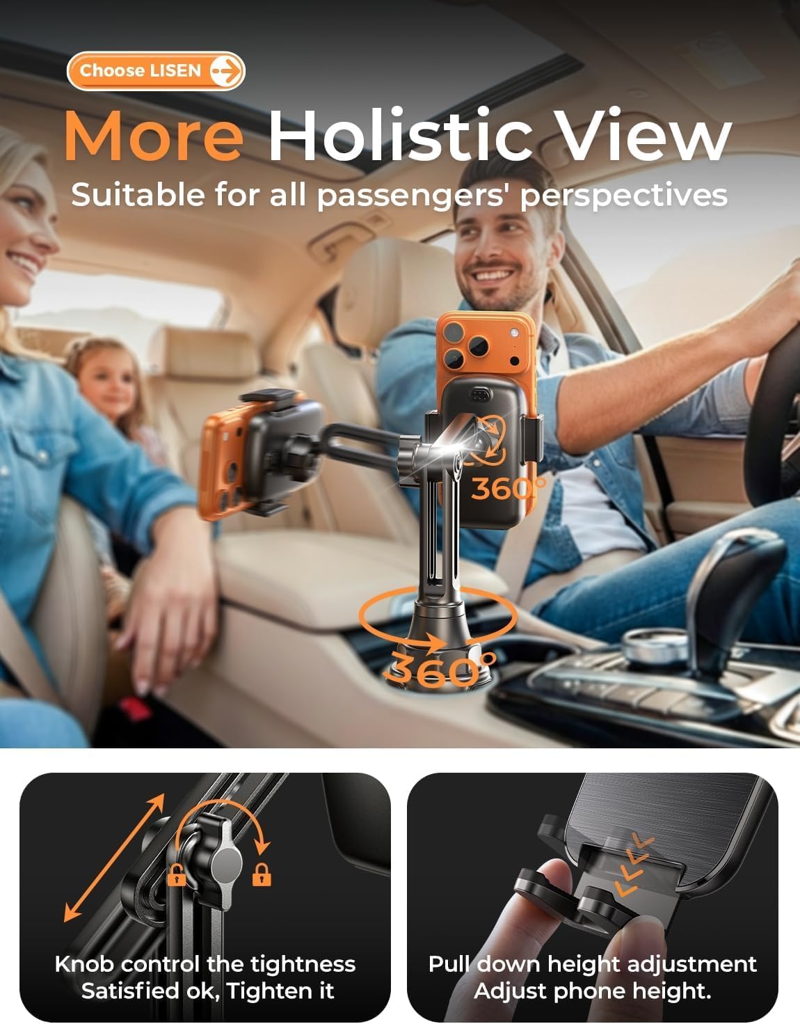 LISEN [Upgraded Version Cup Holder Phone Holder for Car, Universal 360° Adjustable Long Neck Car Phone Mount Golf Cart Truck Jeep, Compatible with iPhone Samsung Google & All 4.0-7.0 '' Phones