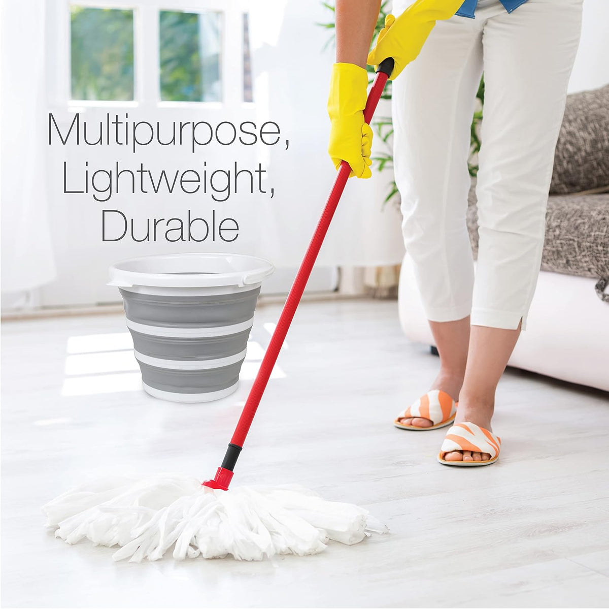 Brookstone Collapsible Bucket, Foldable Cleaning Bucket with Handle, Household Essentials Cleaning Basin and Dust Mop Bucket, Collapsible Wash Basin for Car Cleaning, [2.6 Gal. 10L] Round, White