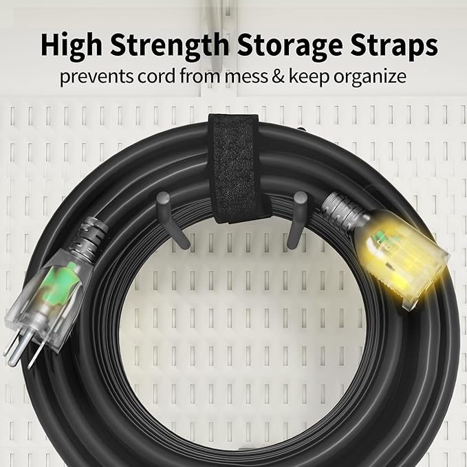 POWGRN 6 Ft 10AWG Black Outdoor Extension Cord Waterproof Heavy Duty 10 Gauge 3 Prong, Flexible Cold-Resistant Power Cord Indoor & Outside with Lighted Indicator End, 15Amp 1875W SJTW ETL Listed