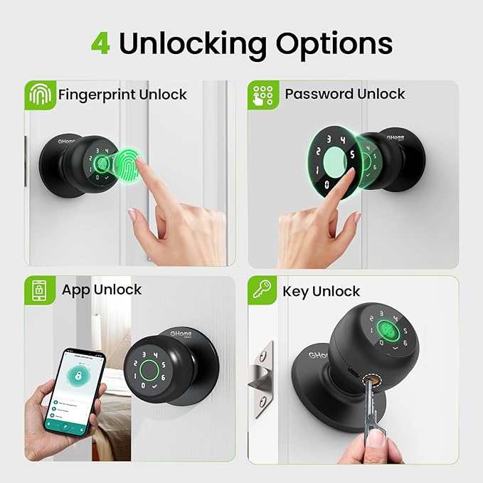 GHome Smart Fingerprint Door Lock, 4 in 1 Smart Fingerprint Door Knob with Keypad, App Control, Auto Lock, Biometric Door Knob with Lock for Bedroom, Apartment, Garage, Home & Office