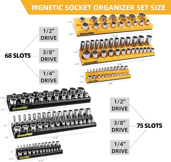 Socket Organizer for Tool Box Drawer, 6pc 143 Metric & SAE Magnetic Socket Holder, 1/4", 3/8", 1/2" Drive Socket Tray Set, Magnetic Socket Organizer