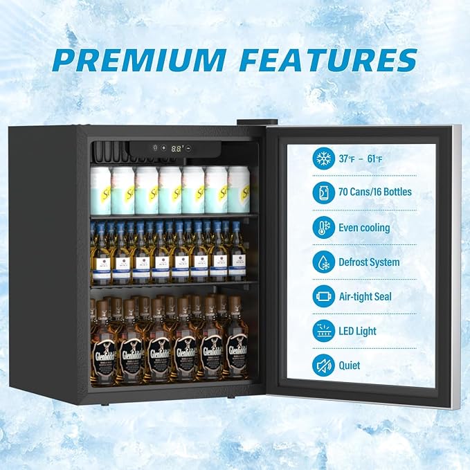 Erivess Mini Fridge 70 Can Beverage Refrigerator Cooler Glass Door for Soda | 1.6 Cu Ft Drink Fridge for Home/Bar/Office with LED Display, Digital Temperature Control, Removable Shelves for Wine, Silver