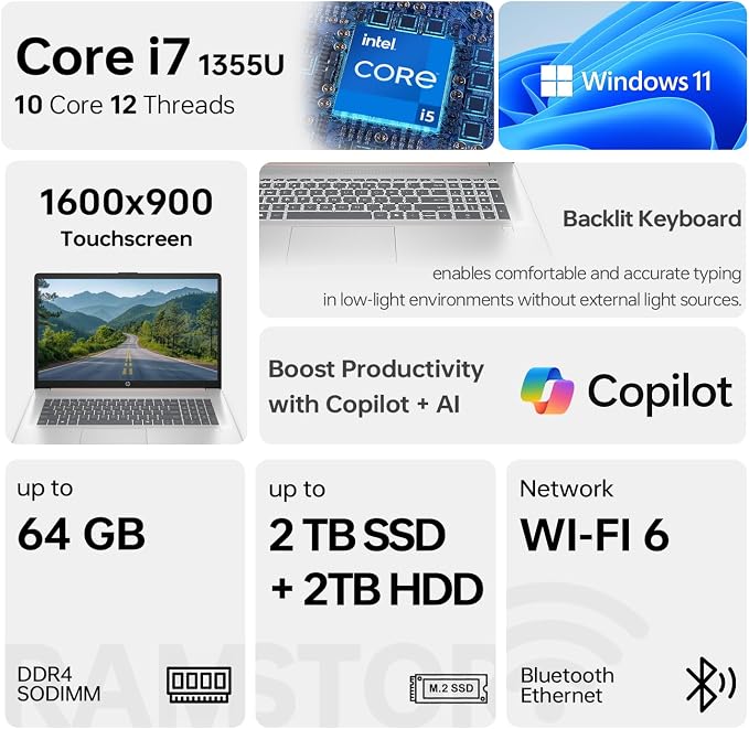 HP 17.3" Touchscreen Laptop, Intel Core i7-1355U, Pale Rose Gold, 32GB RAM, 2TB SSD, Webcam, HDMI, Backlit Keyboard, Fingerprint Reader, Wi-Fi 6, Windows 11 Pro