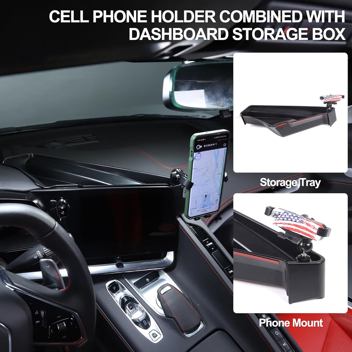 for Corvette C8 Center Console Tray Phone Holder Mount Organizer,360 Degree Rotatable Phone Holder Stand Navigation Screen Rear Storage Box Organizer Tray for Corvette C8 2020-2024 2025 (E)