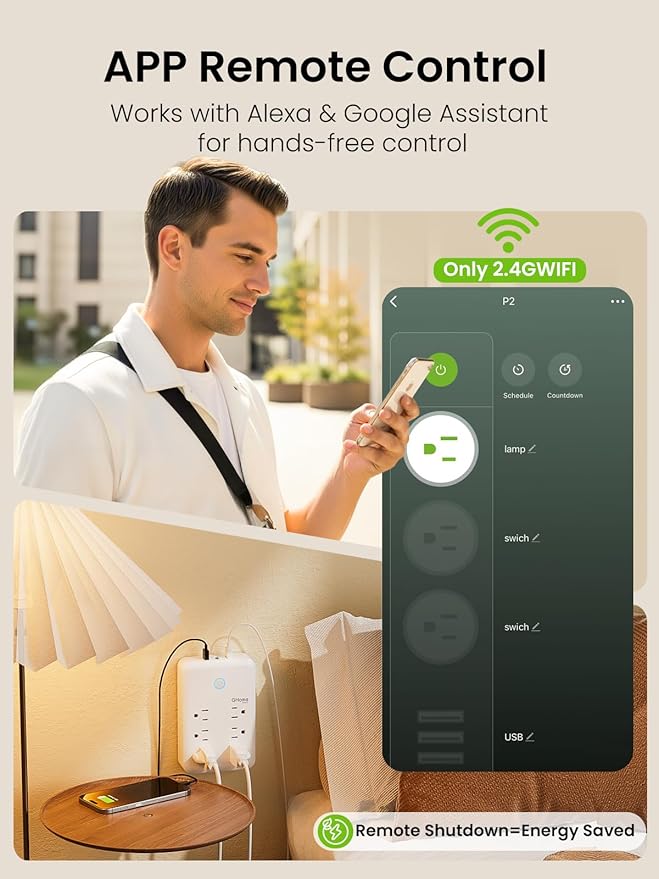 GHome Smart Plug Outlet Extender, USB Wall Charger with 3 Individual Smart Outlets and 3 Smart USB Ports, Works with Alexa Google Home, Surge Protector Plug Extender for APP Control,15A/1800W