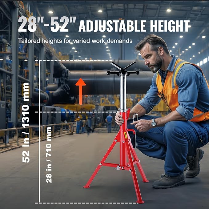 VEVOR V-Head Pipe Stand, 1/8"-12" Capacity, 28"-52" Height Adjustable, Pipe Jack Stands 2500 lbs Load Capacity, Portable Folding Pipe Stands, Durable Carbon Steel Frame