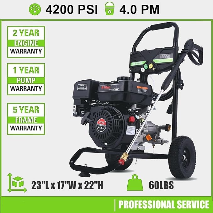 4200PSI Pressure Washer, 4.0GPM Heavy Duty Power Washer with 5 Quick Connect Nozzles, 25ft Flexible Hose and 0.5Gal Soap Tank, 212cc 7.0 HP Engine, EPA/CARB/ETL Compliant, Black