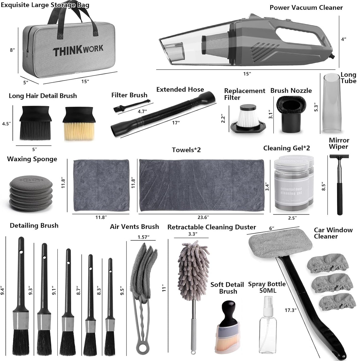 THINKWORK Car Cleaning Kit, Car Detailing Kit Interior Cleaner with High Power Handheld Vacuum, 10Pcs Detailing Brush and Storage Bag, Gray Auto Interior Cleaning Kit for Men