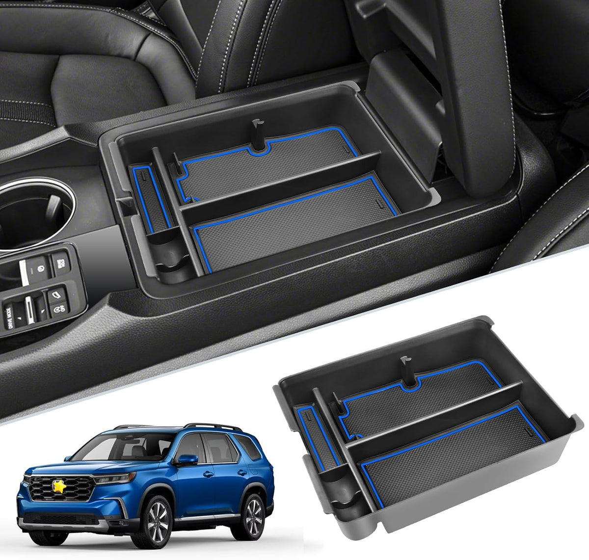 SKTU for 2024 2025 2026 2027 Honda Pilot Center Console Organizer 2023-2027 Pilot/ 2024-2027 Passport Console Tray 2025 2026 2027 Pilot Accessories with Coin & Sunglasses Holder (Blue)