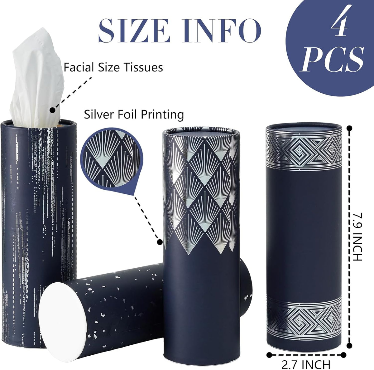 4 Pack Navy Blue Car Tissue Holder with Facial Tissues Bulk, Silver Foil
