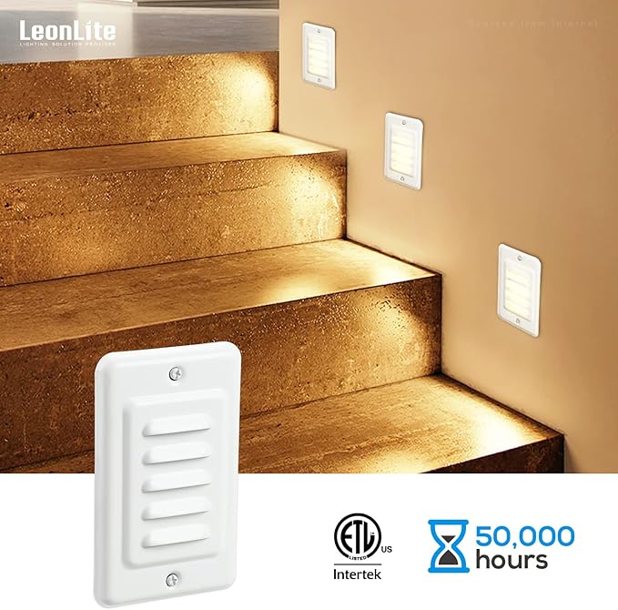 LEONLITE 120V LED Step Lights Indoor, 3000K Warm White, Low Watt Stair Light, Metal Faceplate with Bright White, Non-Dimmable, ETL Listed, Pack of 3