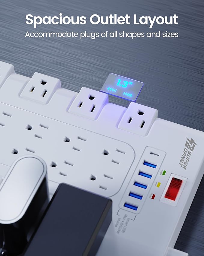 Flat Plug Power Strip 10Ft, SUPERDANNY Surge Protector with 22 AC Outlets and 6 USB (1 USB-C), 1875W/15A, 2100 Joules, Heavy Duty Extension Cord 10 ft for Home, Office, Dorm, Gaming Room, White