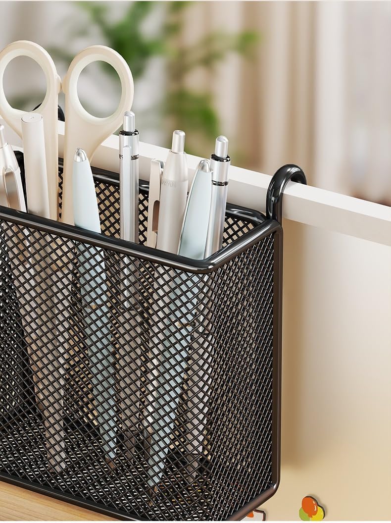 Hanging Pen Holder with Hook Storage Box - Wall-Mountable Desk Organizer for Office Desktop, Partition Screen, Workstation & Bedroom Side Storage (white)