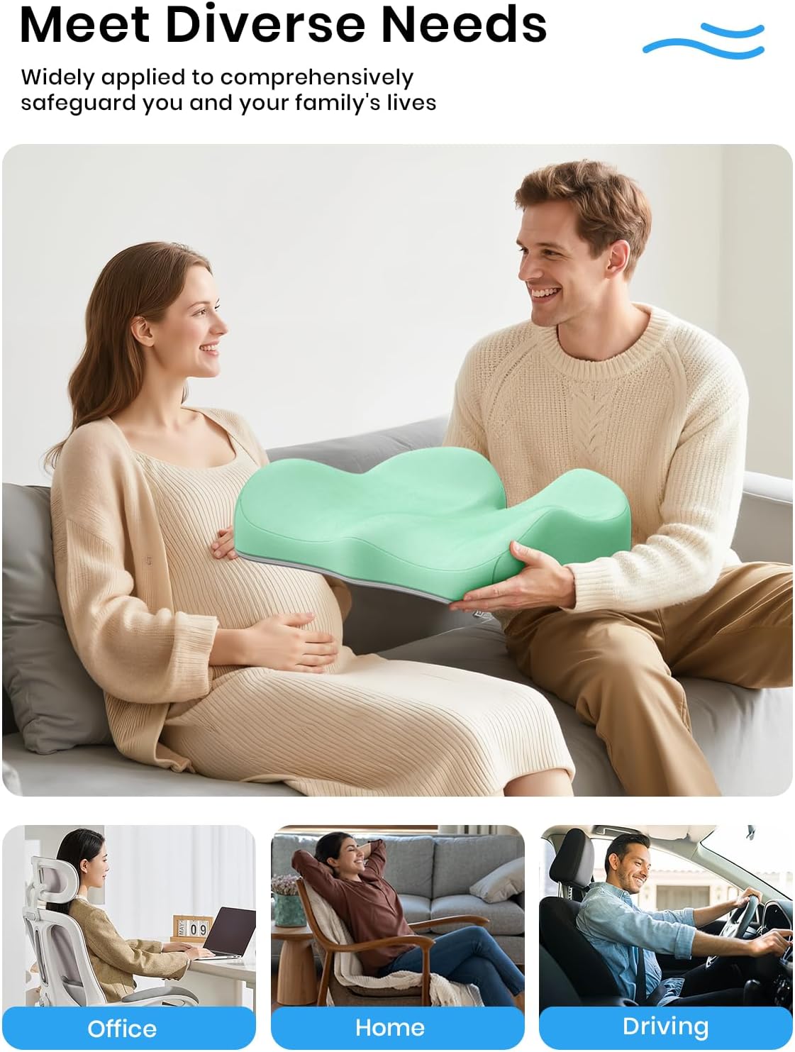 Benazcap Seat Cushion - Memory Foam Car Seat Pad - Sciatica & Lower Back Pain Relief - Car Seat Cushions for Driving - Road Trip Essentials for Drivers, Green