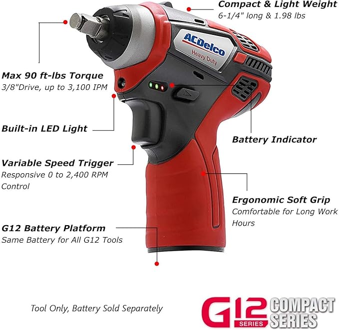 ACDelco ARW1209-K14 G12 Series 12V Li-ion Cordless 3/8” Rachet Wrench & Impact Wrench Combo Tool Kit