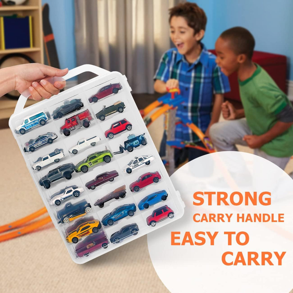 Double Sided Toy Car Storage Case for 48 Diecast Cars, Matchbox Cars, Small Dolls, Portable Storage Case for Toy Cars, Matchbox Cars with 46 Slots, Case Only