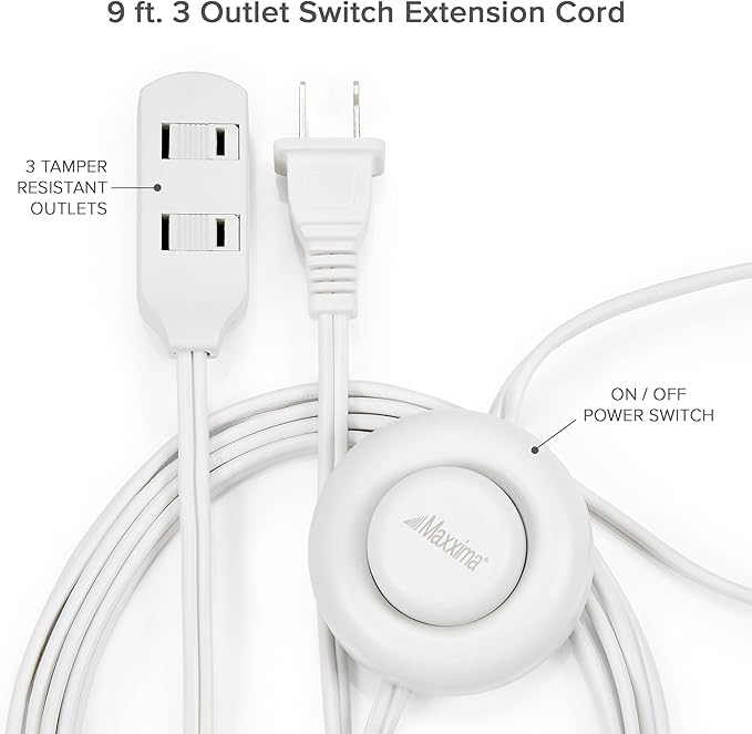 Maxxima 9 ft 3 Outlet Extension Cord - Featuring an Easy to Use On/Off Foot Switch, Ideal to Plug in Lamps, Appliances, Lighting Accessories, or for Senior Living Use, 125VAC - White - Pack of 2