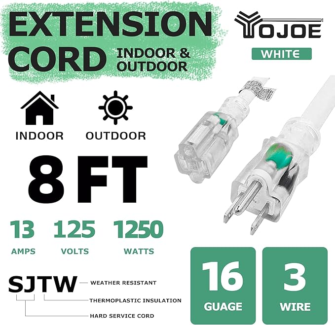 YOJOE Indoor Outdoor Extension Cord with Lighted End, 3 Prong 13A Weatherproof Power Cord, 16 Gauge Heavy Duty 8 ft White Extension Cord for Garage, Garden and Home, 16/3 SJTW UL Listed