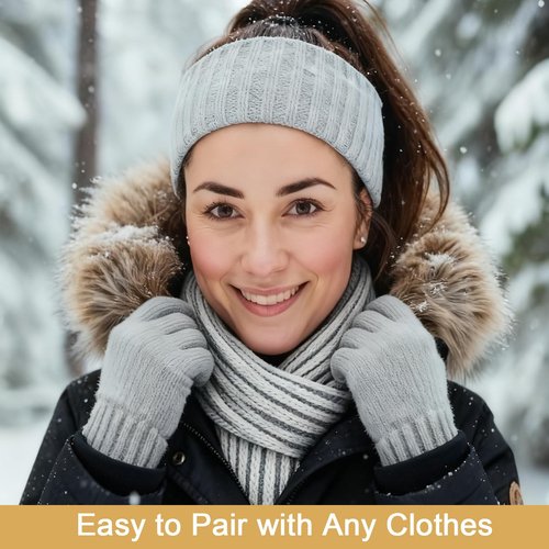 Breathffy 4 Pcs Winter Hat Scarf Gloves Headband Set Knit Beanie Touch Screen Gloves Long Scarf Valentine Gift for Women Men(Essential Style,Grey)