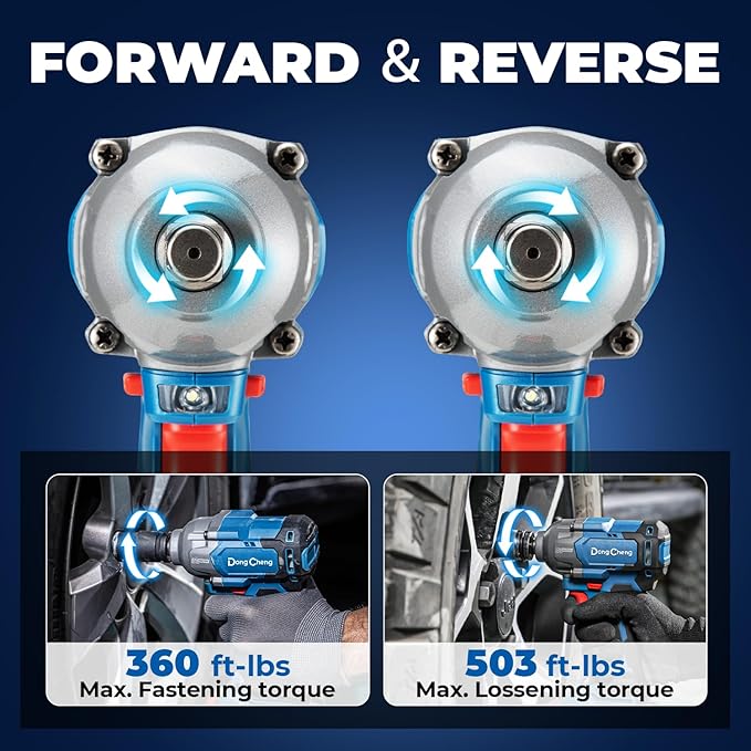 Dong Cheng 20V Brushless Impact Wrench, Max Torque 360 ft-lbs (488N.m), 1/2" with 3 Mode Speed, 2400 RPM Cordless Impact Gun, Includes 2 * 4.0Ah Battery and Charger, 4 Impact Sockets and Kit Bag
