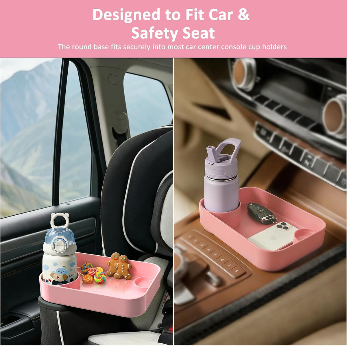 Car Seat Snack Tray for Toddlers, Reduces Mess Square Travel Tray Cup Holder Snack Tray, Durable Car Food Tray for Kids, Universal Fit Kids Travel Road Trip Essentials(Pink)