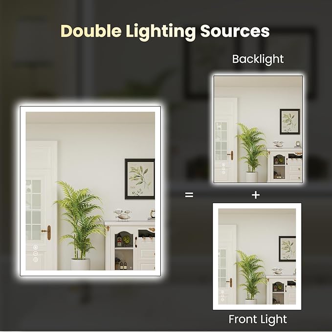 WTTY 30"X36" LED Bathroom Mirror with Black Frame, Bathroom Vanity Mirror with Lights for Wall, Front Light and Backlit, Anti-Fog, Dimmable, 3 Colors, Shatterproof, Memory, Horizontal/Vertical