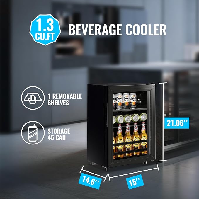 1.3 Cu.ft Beverage Refrigerator Drink Mini Fridge Refrigerator for Soda Beer or Cans Personal Beverage Cooler 7 Modes Temp Adjustable Shelves Suit for Home, Office, Dorm
