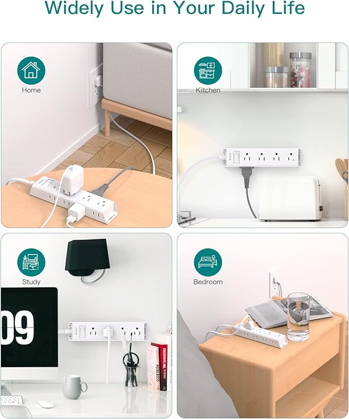 10FT Extension Cord - Power Strip Surge Protector, Flat Plug, Addtam 12 Widely Outlets 3 Sides Outlet Extender, 900J, Wall Mount, Desk Charging Station Compact for Home Office Dorm Room Essentials
