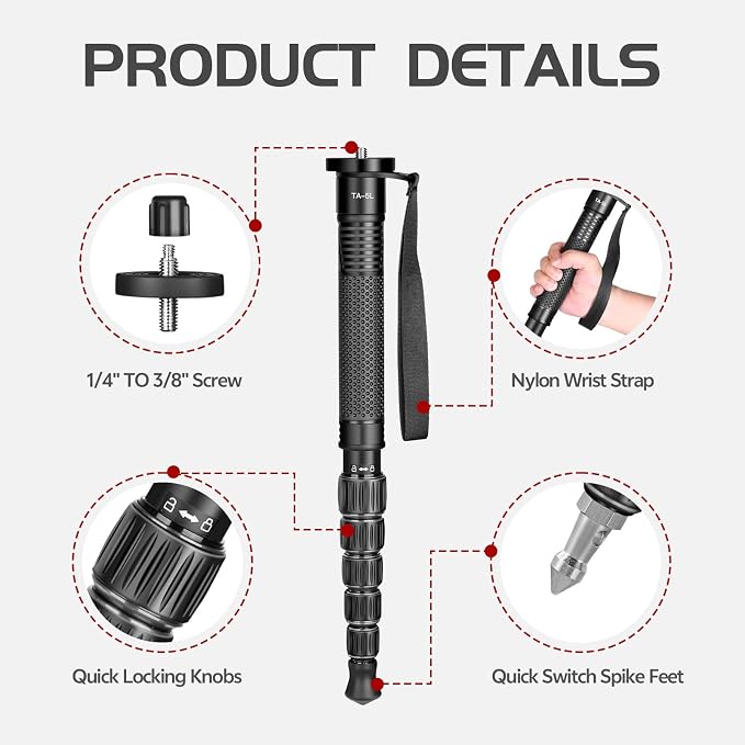 TONYBOO 61” Aluminum Camera Monopod, Lightweight & Portable, 5-Section Travel
