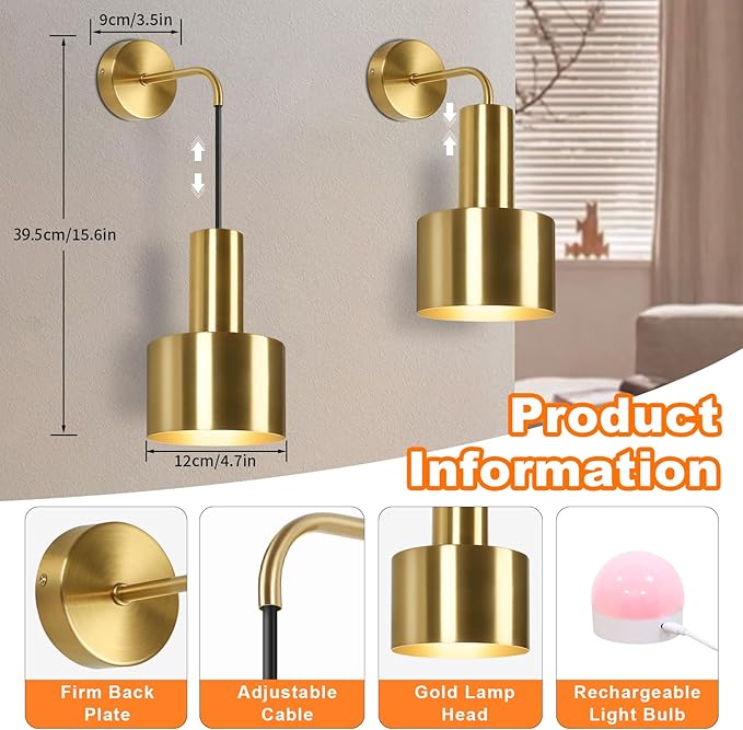 VerRon Rechargeable Battery Operated Wall Sconce Set of Two, Gold Wireless Battery Powered Lights with Dimmable Detachable Bulbs & Remote, Modern Sconces Wall Decor for Bedroom Living Room Hallway