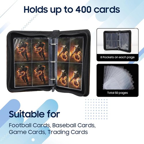 Football Card Binder - 4 Pocket Trading Card Album with 400 Pockets & 50 Removable Sleeves | Portable Gift for Kids