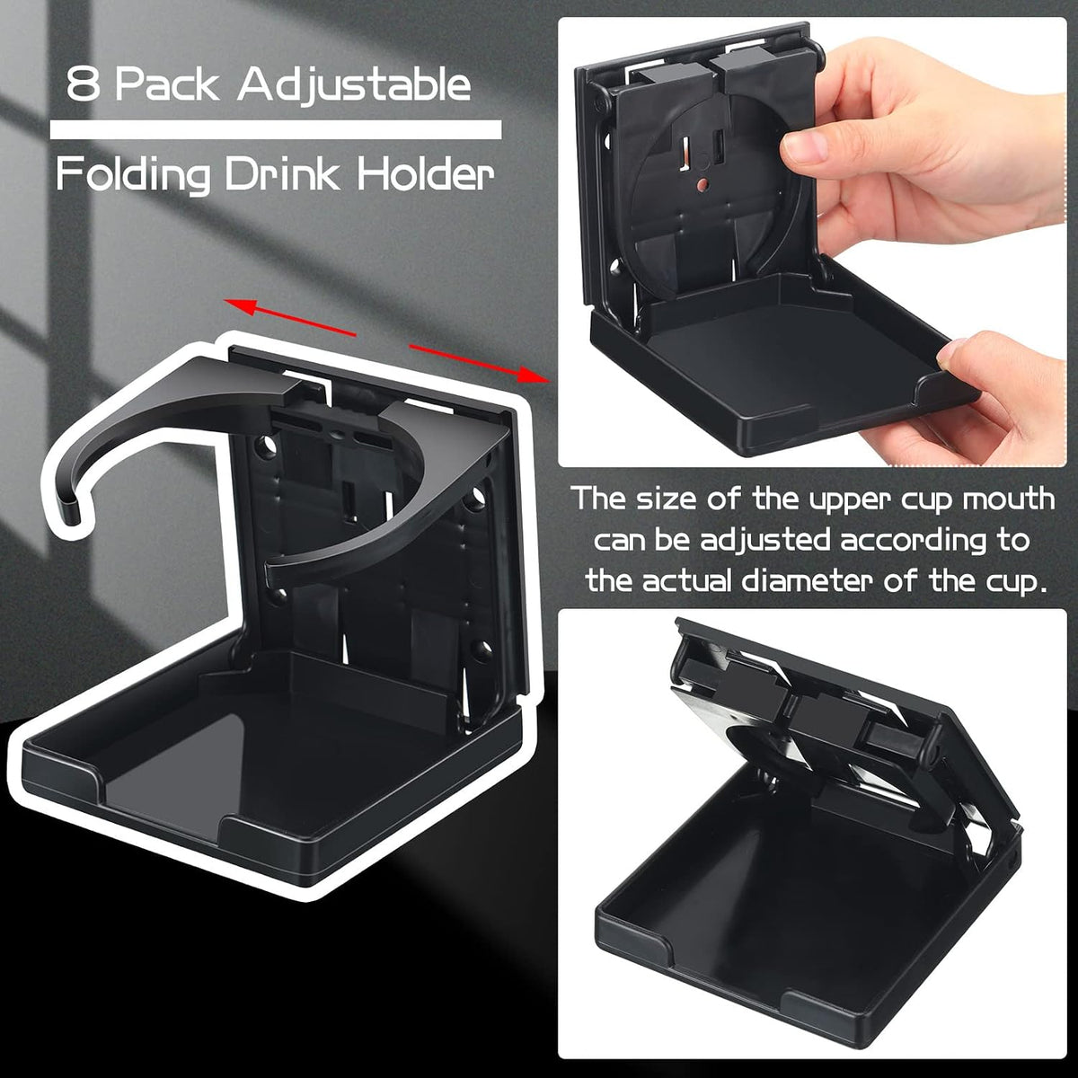 Tallew 8 Pack Folding Cup Holder, Adjustable Boat Cup Holders for Drinks, Wall Mount Plastic Foldable Drink Water Bottle Holders with Screws for Car RV Marine Accessories, Black