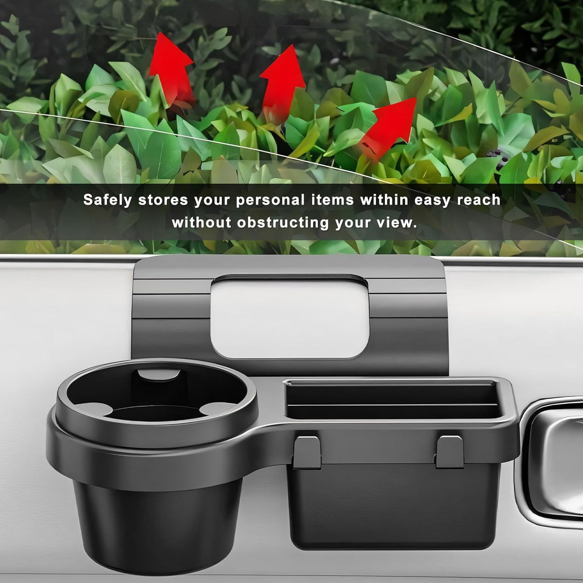Car Window Multifunctional Storage Organizer, Auto Door Side Hanging Organizer w/Cup Holder & Hooks, Vehicle Window Mount Storage Rack w/Foam Pads for Cell Phone Key Bottle