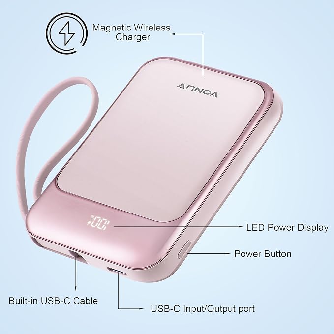 Magnetic Power Bank 10000mAh, Wireless Portable Charger with 15W Max Fast Charging & Built-in USB-C Cable, 22.5W PD LED Display Battery Pack Compatible with iPhone 17/16/15, Samsung Galaxy(pink)