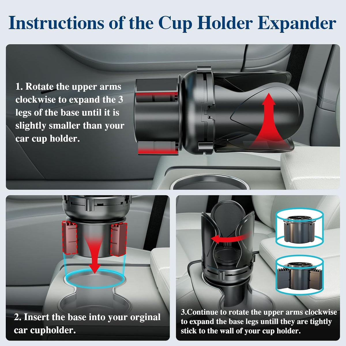 Car Cup Holder Expander, Cup Holder Extender Adapter with Expandable Arm and Adjustable Base, Compatible with Yeti Ramblers, Hydro Flasks, Stanley, Owala Most Coffee Mugs Bottles & Cups (CUP-T-1pack)
