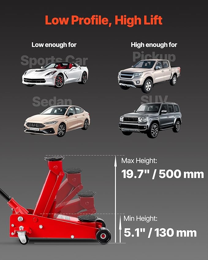 VEVOR 3 Ton Low Profile Floor Jack, Steel Racing Floor Jacks with Single Piston Quick Lift Pump, Hydraulic Trolley Car Jack for Sport Utility Vehicle, SUVs, Pickups, Lifting Range 5.1"-19.7"