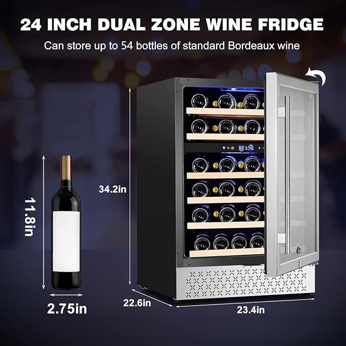 24 Inch Wine Fridge, Dual Zone 54 Bottles Wine Refrigerator, Built-In or Freestanding, Safety Lock, Double-Layer Glass Door, Adjustable Shelves, Wine Cooler Refrigerator for Home Bar Kitchen