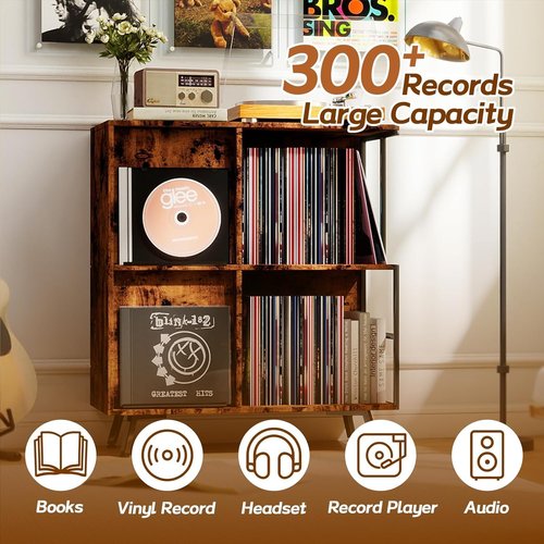 Faesun Vinyl Record Storage Stand - 3 Tier Flip Top Cabinet Holds 300+ Albums | Rustic Brown Turntable Display