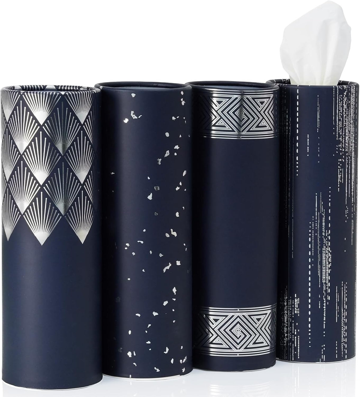 4 Pack Navy Blue Car Tissue Holder with Facial Tissues Bulk, Silver Foil