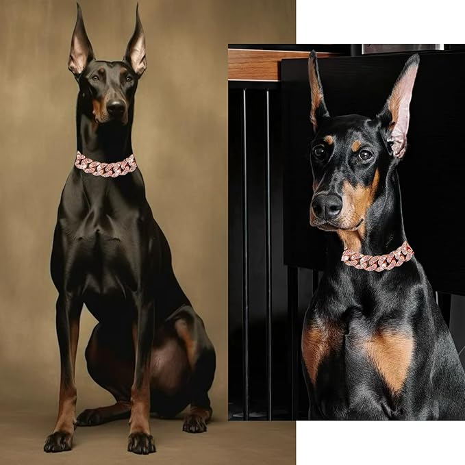 Dog Collar Cuban Link Rose Glod Crystal Dog Necklace Metal Chain Collar with Design Secure Buckle Pet Collar Jewelry Accessories for Small Medium Large Dogs Cats(Rose Glod 16inch)