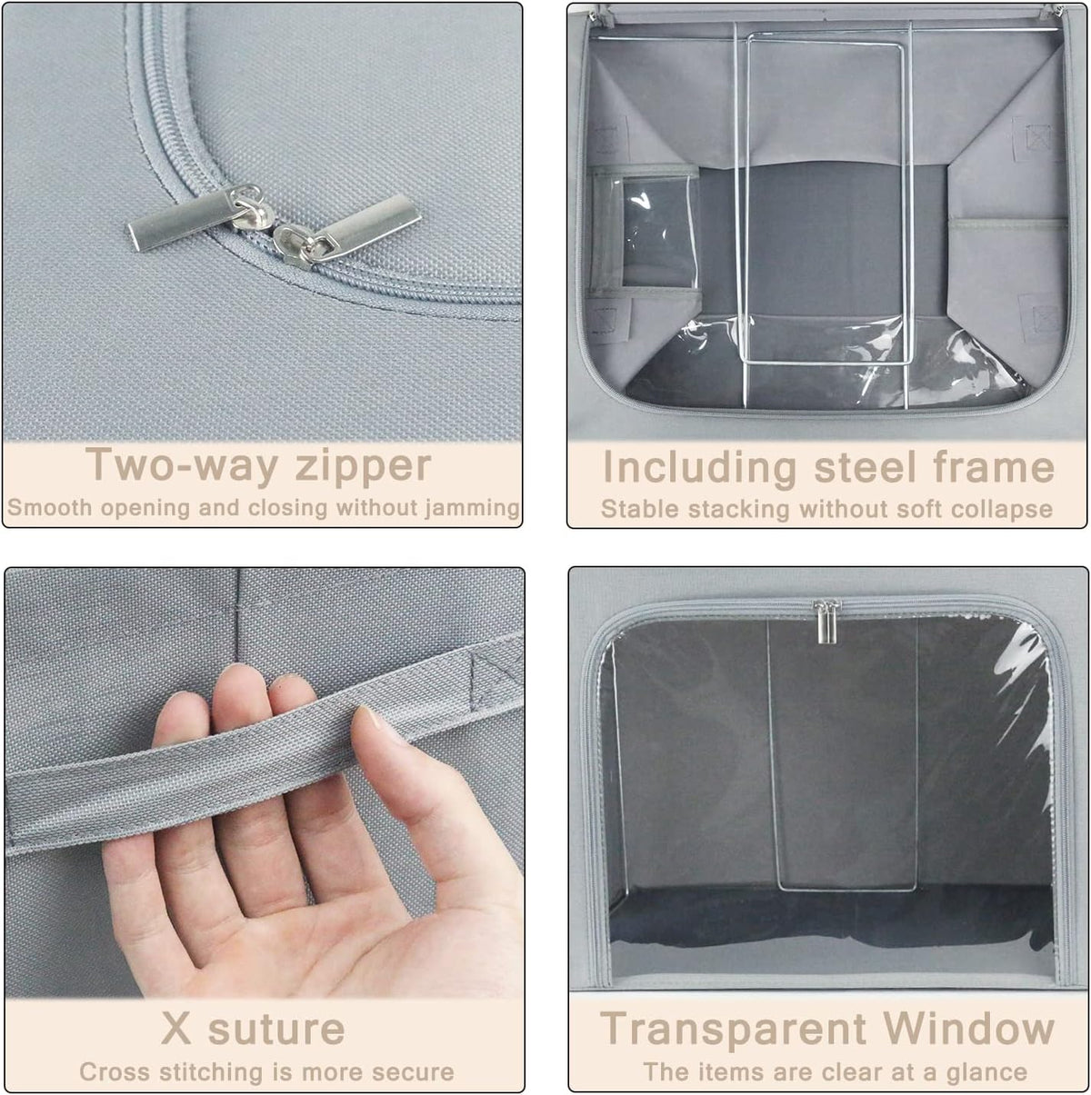 Clothes Storage Box Bins Stackable Foldable Organizer,Sturdy Handles with Metal Frame for Clothing Bedding Shelves,Closet Container with Clear Window Zipper and Label Holder (Gray, 66L x3 Pack)