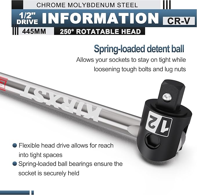 17.5-Inch 1/2” Drive Breaker Bar, Heavy Duty Extension Breaker Bar, 250° Rotatable Head, Premium Chromium Molybdenum Steel, Mechanical Work, Automobile and Motorcycle Maintenance and Repair