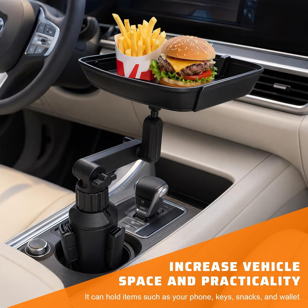 Larger Cup Holder Tray, 360° Rotating Expandable Car Food Tray Table with Phone Slot, Multifunctional Car Cup Holder Expander Road Trip Essentials for Eating & Storage